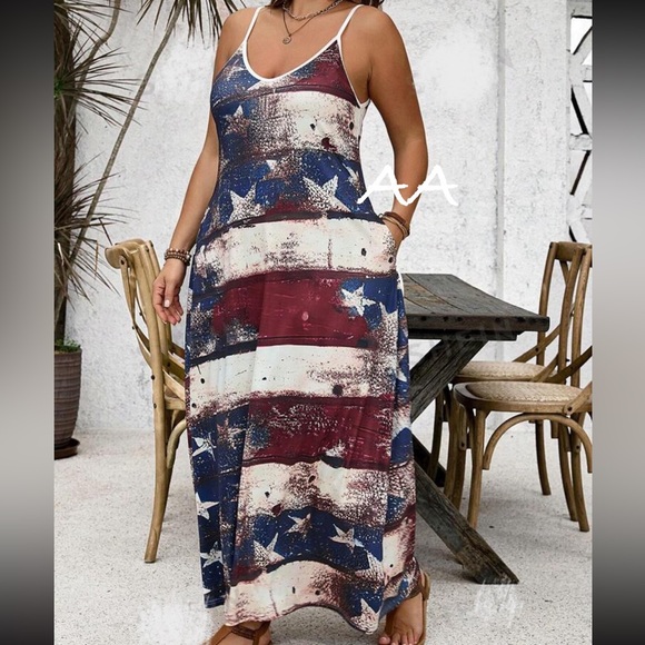 Plus Size Spaghetti Strap stars Stripes Sleeveless Tank Top Maxi Dress Pockets - Picture 3 of 4